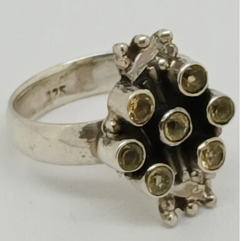 Artisan Crafted 925 Sterling Silver Citrine Cluster Ring Thailand 1990s Size 9.5